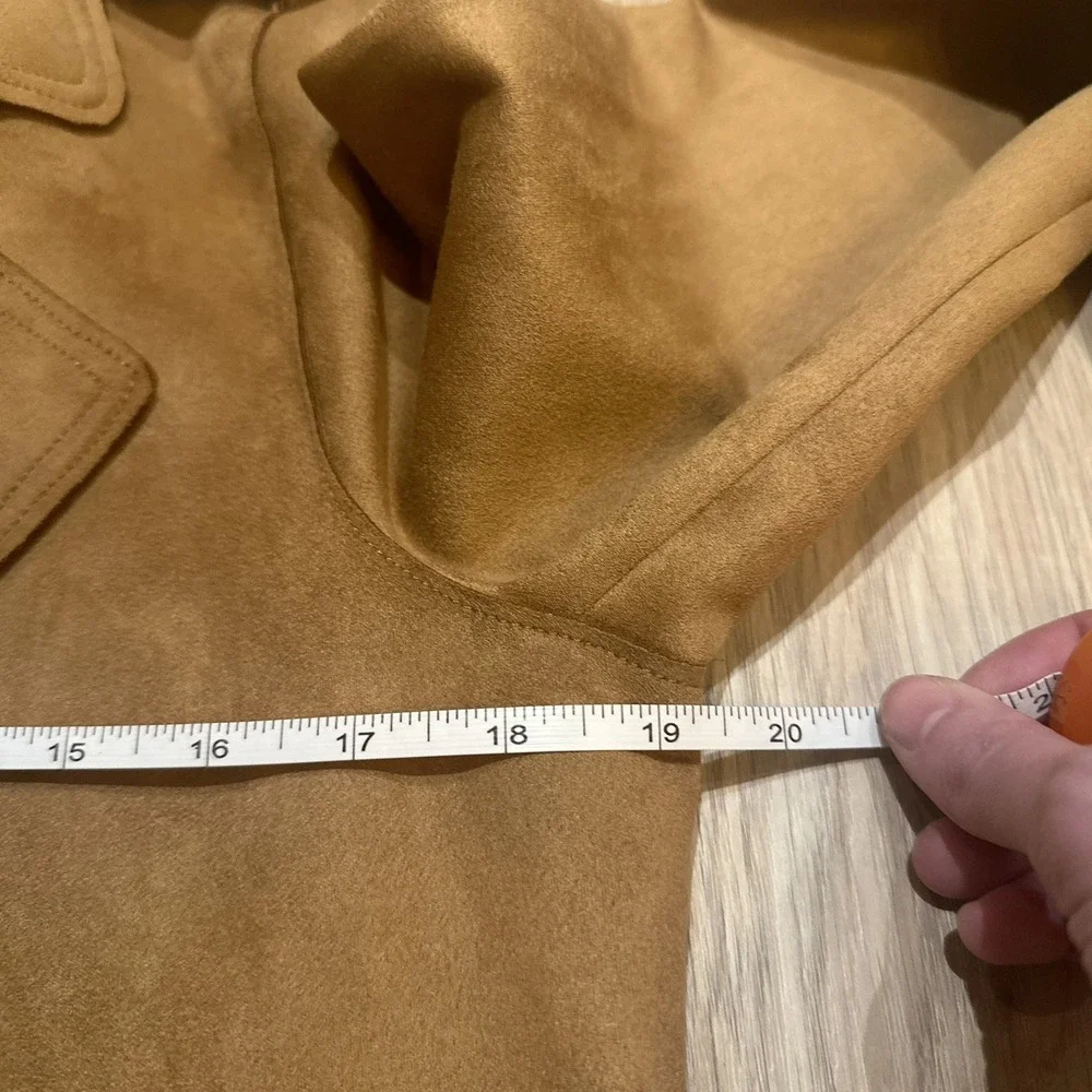 T Tahari Faux‎ Suede Jacket Women's Small Pockets Open Front Moto Style Camel